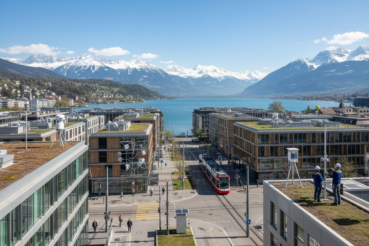 environmental monitoring with equipments in a swiss city, without drones. generate a banner image